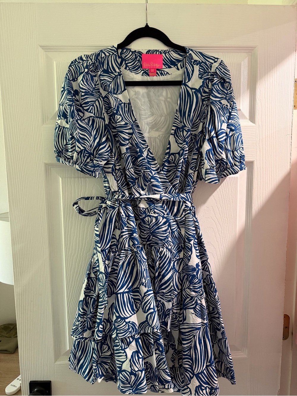 Lilly Pulitzer White and Blue Leaf-Print Wrap Dress